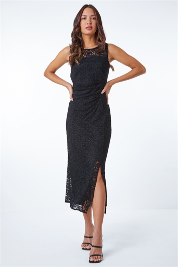 Black Ruched Waist Lace Maxi Dress