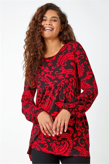 Red Floral Pocket Detail Stretch Tunic Top