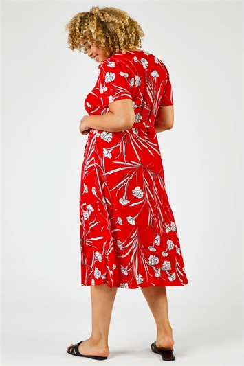 Red Curve Floral Print Fit And Flare Midi Dress, Image 2 of 5