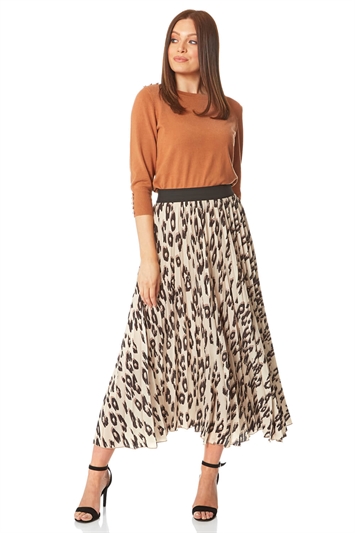 Brown Animal Print Pleated Maxi Skirt, Image 3 of 3