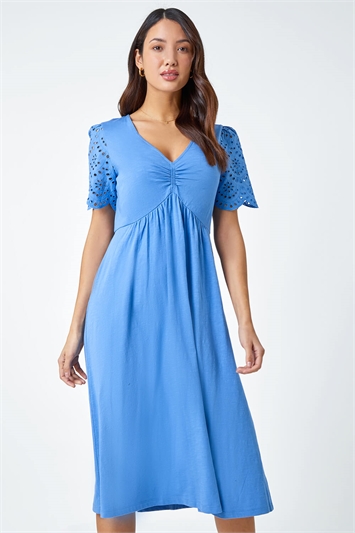 Blue Cotton Broderie Sleeve Midi Dress