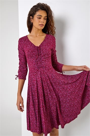 Wine Ditsy Floral Print Ruched Detail Dress, Image 3 of 5
