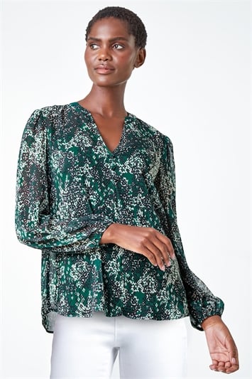 Green Animal Print Button Front Blouse