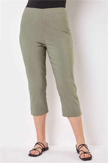 Khaki Curve Cropped Stretch Trouser, Image 1 of 4