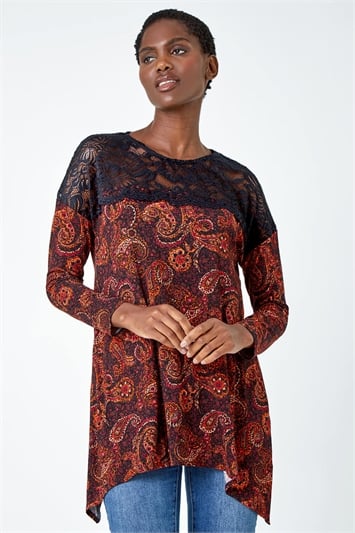 Red Lace Detail Paisley Print Stretch Top