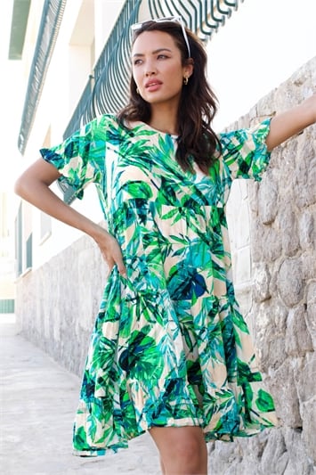 Green Tropical Print Tiered Pocket Dress