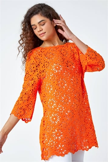 Orange Floral Cotton Crochet Tunic Top