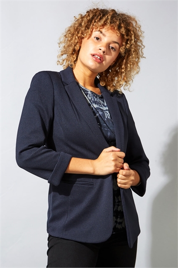 Navy Ribbed 3/4 Sleeve Roll Cuff Jacket, Image 5 of 6