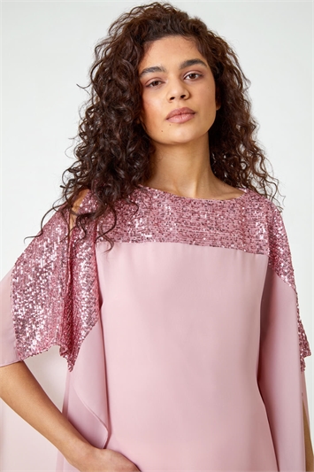 Red Sequin Embellished Chiffon Overlay Top