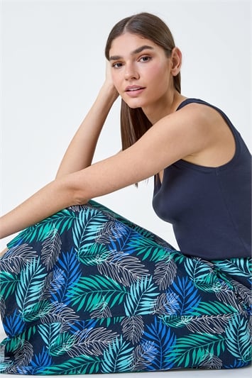 Blue Leaf Print Linen Blend A-Line Skirt