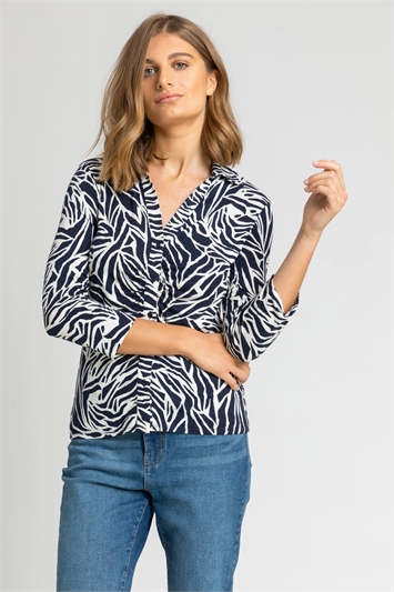 Navy Animal Print Buttoned Jersey Blouse