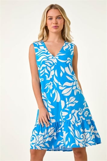Blue Petite Print Cut Out Back Tiered Dress