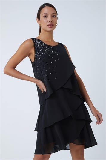 Black Embellished Frill Swing Dress