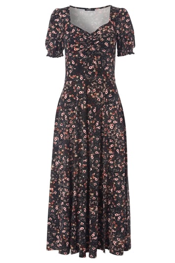 Black Ditsy Floral Ruched Maxi Dress