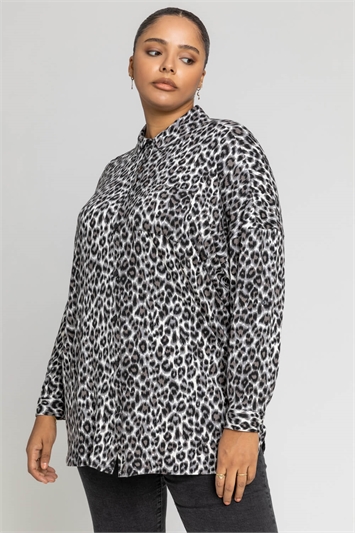 Grey Curve Animal Print Button Shirt