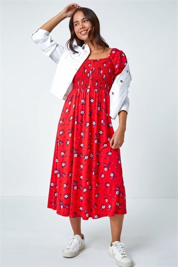 Red Petite Shirred Stretch Floral Midi Dress