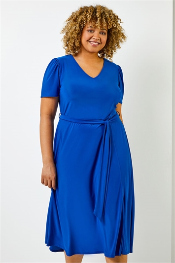 Royal Blue Curve Plain Fit And Flare Midi Dress, Image 1 of 5