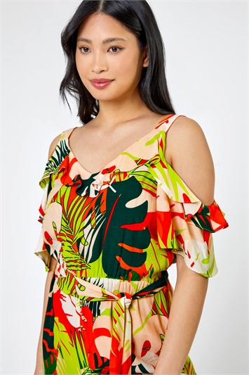 Lime Petite Tropical Print Frill Jumpsuit, Image 5 of 6
