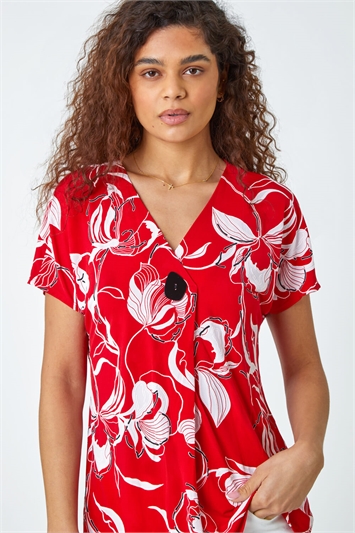 Red Floral Button Detail V-Neck Stretch Top