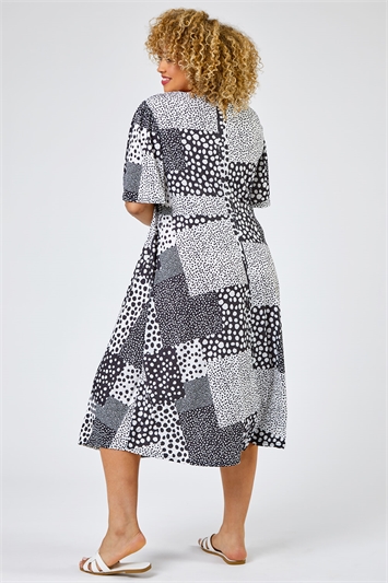 Black Curve Abstract Spot Print Midi Dress, Image 2 of 5