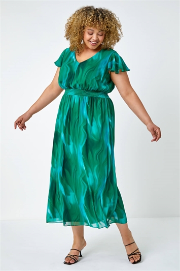 Green Curve Abstract Shirred Maxi Dress