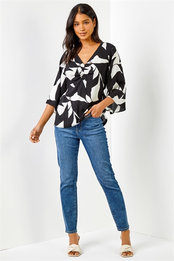 Black Contrast Floral Print Ruched Tunic Top, Image 3 of 6