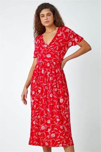 Red Floral Print Stretch Wrap Midi Dress