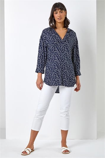 Navy Ditsy Floral Print Overhead Shirt, Image 3 of 5