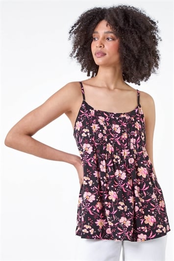 Pink Floral Print Pleat Front Cami Top