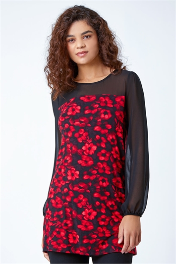 Red Floral Print Chiffon Sleeve Stretch Top