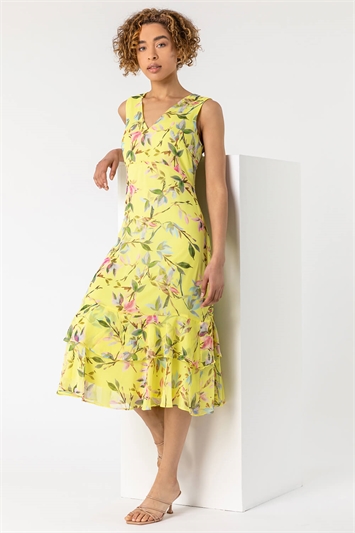 Yellow Floral Print Frill Hem Dress