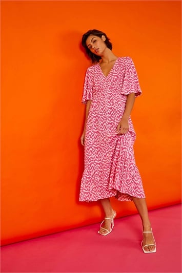 Pink Zig Zag Print Tiered Hem Midi Dress