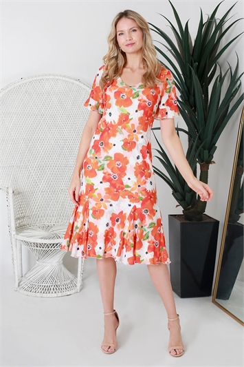 Orange Julianna Floral Print Godet Dress
