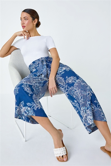 Blue Floral Print Cropped Tie Trousers