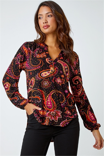 Floral Print Notch Neck Top in Black - Roman Originals UK