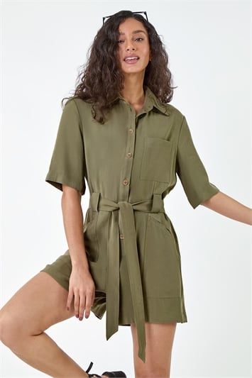 Brown Button Through Belted Pocket Playsuit