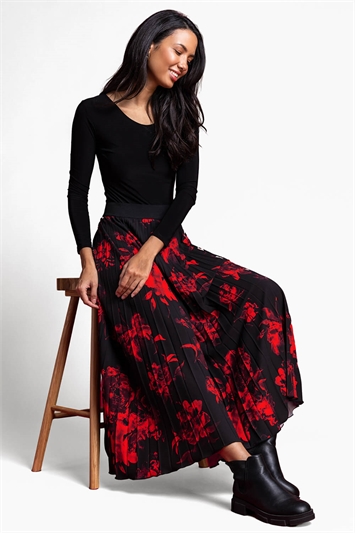 Red Floral Print Pleated Maxi Skirt, Image 3 of 4