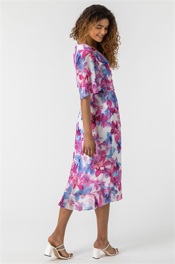 Pink Floral Print Frill Wrap Dress, Image 2 of 5