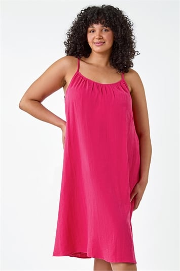 Pink Curve Strappy Cotton Pocket Dress