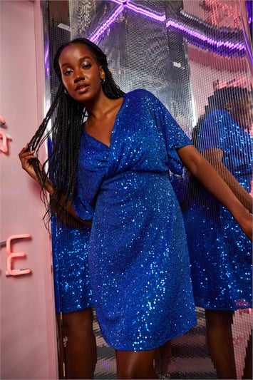 Blue Sequin Embellished Wrap Stretch Dress