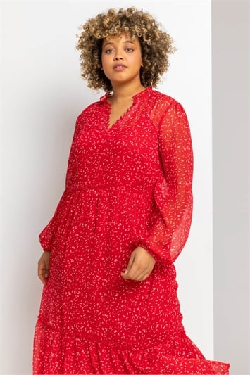 Red Curve Ditsy Print Tiered Midi Dress