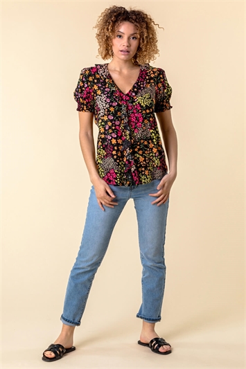 Multi Floral Print Frill Detail Blouse, Image 2 of 6