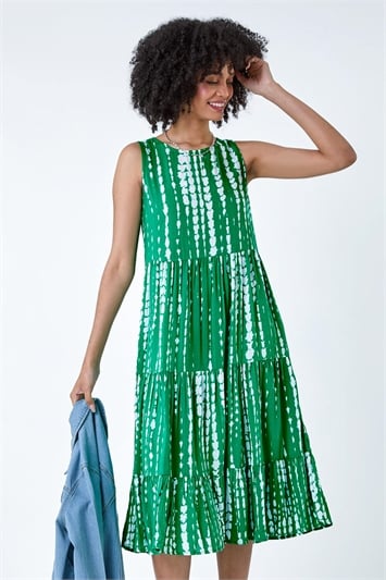 Green Tie Dye Print Sleeveless Smock Dress