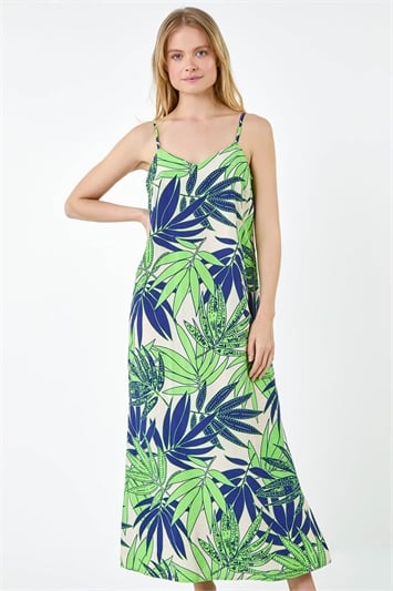 Green Tropical Palm Print Midi Dress