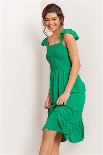 Green Shirred Bodice Frill Detail Midi Dress, Image 1 of 4
