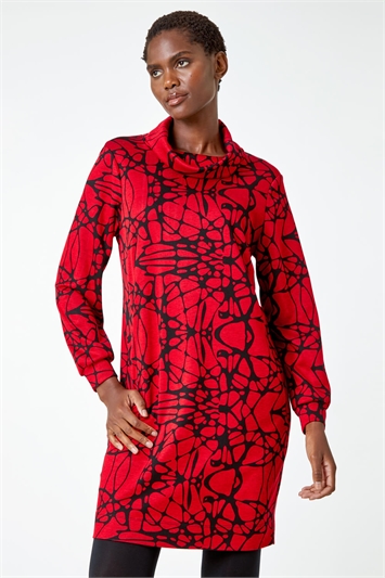 Red Abstract Cowl Neck Pocket Shift Dress