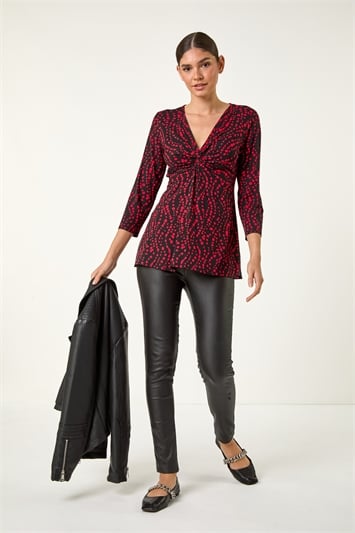 Red Abstract Spot V-Neck Twist Front Top