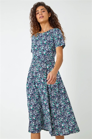 Green Floral Ruched Waist Pleated Dress