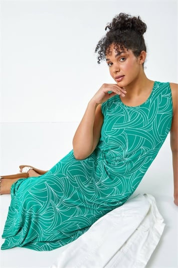 Green Curve Swirl Print Swing Maxi Stretch Dress