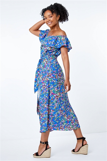 Blue Petite Ditsy Floral Print Bardot Dress, Image 3 of 5